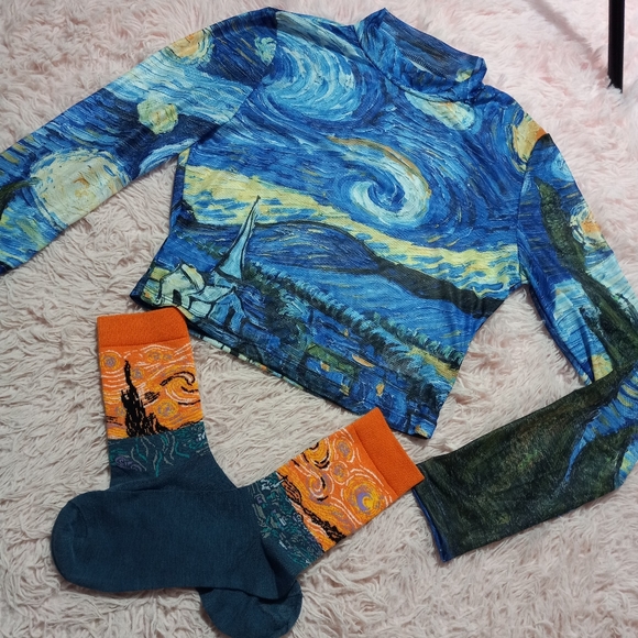 Hot Topic Tops - LAST 1! Starry Night- sheer mesh top w/matching socks! Van Gogh mock-turtleneck